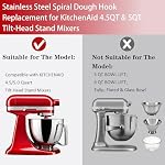 Acier inoxydable Spiral Dough Remplacement pour KitchenAid 4.5-5 Mélangeur à tête incrustée de quartz, lave-vaisselle sans danger & Crochet à pain pour rouille-proof K45, K45SS, KSM75, KSM90, KSM150 | Longue durée Pas de copeaux ou d'épluchages — plus sûr pour le contact alimentaire Facile à nettoyer