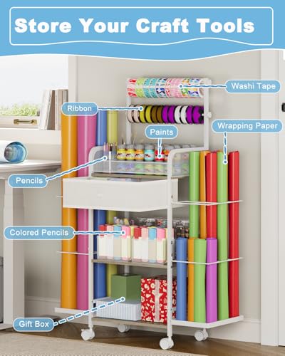 Image of Rsaayekkt Rolling Wrapping Paper Storage Cart with Fabric Drawer White | Vertical gift wrapping organizer storage, fits 12x12 scrapbook paper, heavy duty craft cart with wheels, space saving station