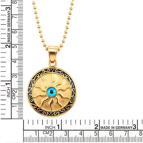 Gold-Tone Steel Sun Pendant Necklace with Blue Evil Eye, Protective Amulet Jewelry for Men and Women - Image 4