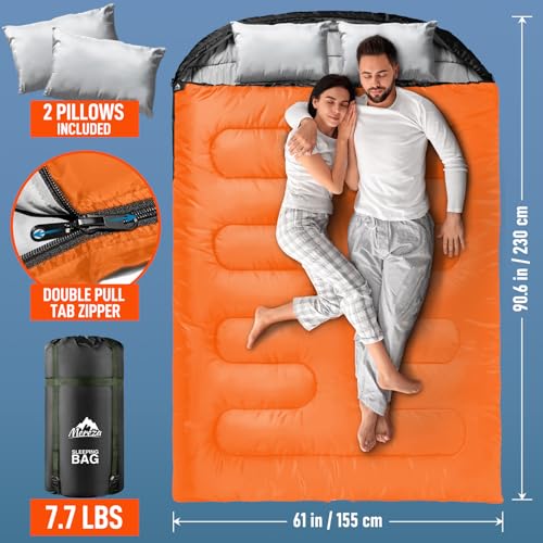 Image of MEREZA Double Sleeping Bag for Adults Mens with Pillow, XL Queen Size Two Person Sleeping Bag for All Season Camping Hiking Backpacking 2 Person Sleeping Bags for Cold Weather & Warm