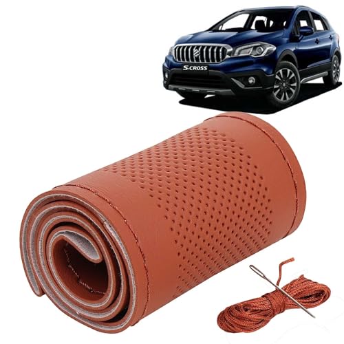Image of KINGSWAY PU Leatherite Car Steering Cover Sewable Compatible with Maruti Suzuki S Cross (Year 2018-2019), Tan Color with Tan Thread, Pack of 1 with Sewing Needle and Thread