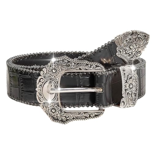 Black Women Western Belt Vintage Country Leather Belt with Engraved Buckle Cowgirl Cowboy Belt for Jeans Pant Dress