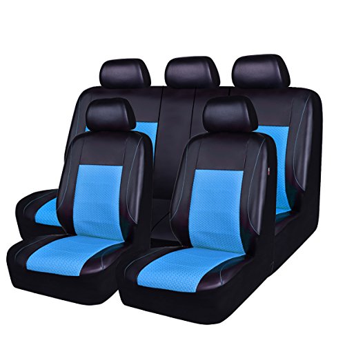 Horse Kingdom Universal Faux Leather Car Seat Covers Full Set, 11pcs, Breathable, Aibag Compatible, Fit for Cars, Trucks, Suvs, Sedans( Black with Blue)