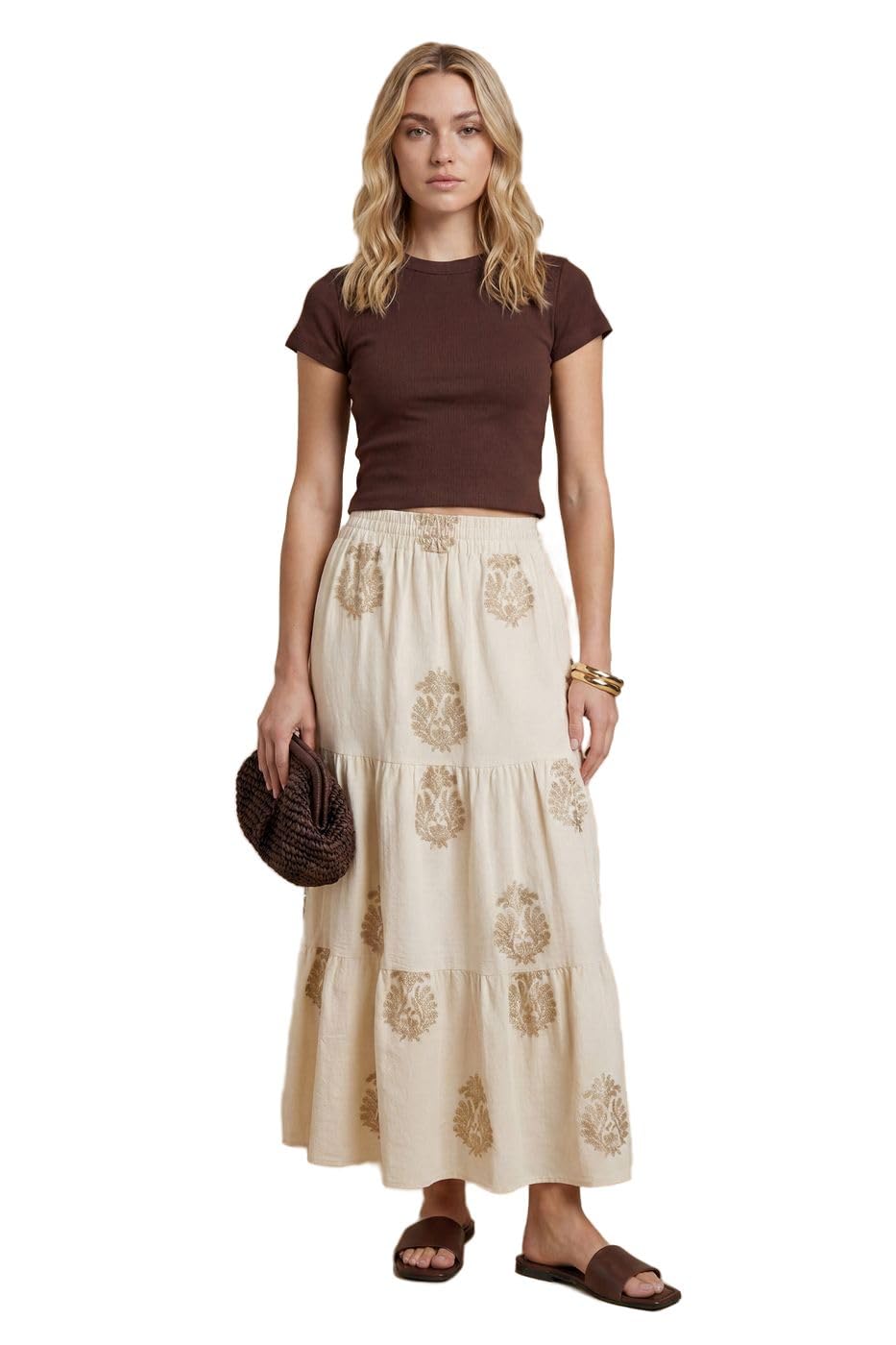 Dorothy Perkins Cream Embroidered Tiered Maxi Skirt, 10,