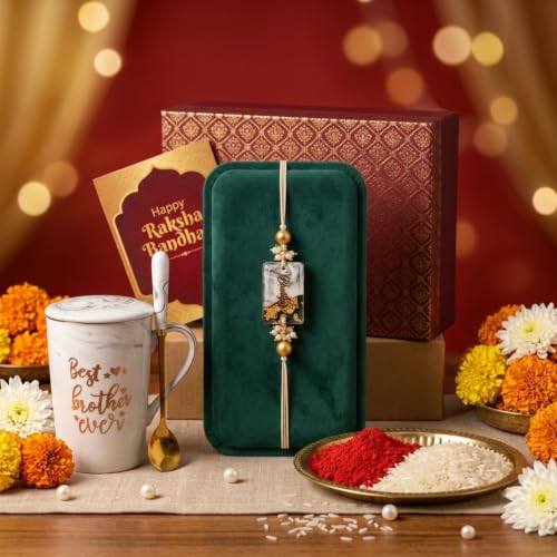 Image of NYRWANA Coffee Mug, Birthday Present for Man, Mugs for Present, Rakhi Gift for Brother, Cute Mugs, Ceramic Mug with Spoon, Gift Box & Rakhi with Tilak and chawal (400ml-Grey)