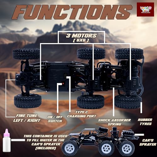 Image of Wonder 6X6 Rock Crawler Remote Control Car | Smoke Function | Abs Plastic | Body App Control | Triple Motor 6 Wheel Drive Off Road Toy with Shock Suspension Rechargeable Battery for Kids - Black