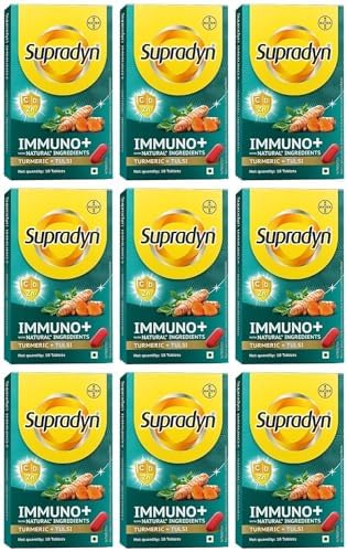 Supradyn Immuno +, Multivitamin Vit C, Vit D, Zinc, Unique blend of Tulsi, Turmeric, Shatavari & Ashoka, Pack of 9 x 10 Tablets
