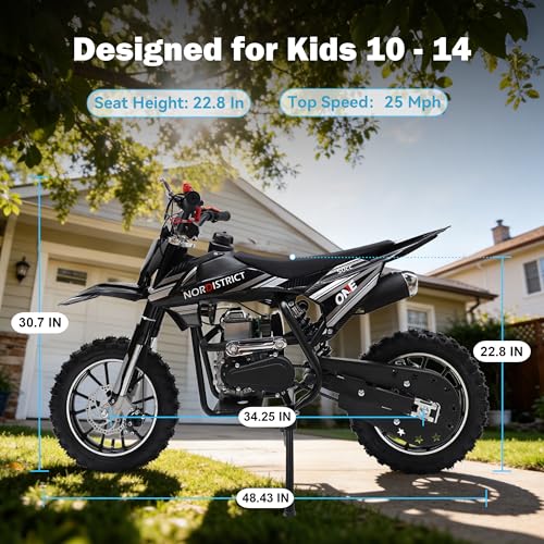 Image of 49cc Kids Dirt Bike,Gas Powered Dirt Bike with No Oil Mixing,Front&Rear Disc Brakes,4 Stroke Dirt Bike for Kids 8-14 with Inverted Fork Suspension,Pull Start,25MPH,Black