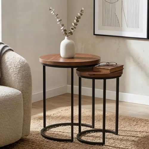 Image of INTERNATIONAL FURNITURE & IRON Nest of 2 Table, Metal Black, Acacia Wood Natural Finish Top, Big 40 X 40 X 53Cm, Small 30 X 30 X 48Cm