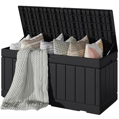 Devoko 80 Gallon Deck Box, Waterproof Resin Outdoor Storage Box for Outside and Patio, Outdoor Storage Bench Lockable for Patio Furniture, Garden Tools and Pool Supplies (Black, 80 Gallon)