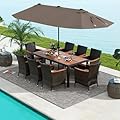 Tangkula 11 Pieces Patio Dining Set with 15ft Double-Sided LED Patio Umbrella (Base Included), Outdoor Rattan Furniture Set with 8 Stackable Chairs, Acacia Wood Dining Table and Umbrella (Coffee)