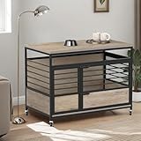 YITAHOME 39" Dog Crate Furniture with Wheels, Heavy Duty Wood Dog Cage Table with Double-Doors Chew-Resistant Farmhouse Decorative Wooden Dog Kennel Indoor for Large and Medium Dogs, Grey