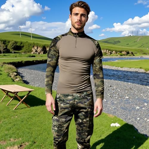 LANBAOSI Men's Tactical Combat Shirt and Pants Set Long Sleeve Woodland Hunting Military Uniform 1/4 Zip - Image 6
