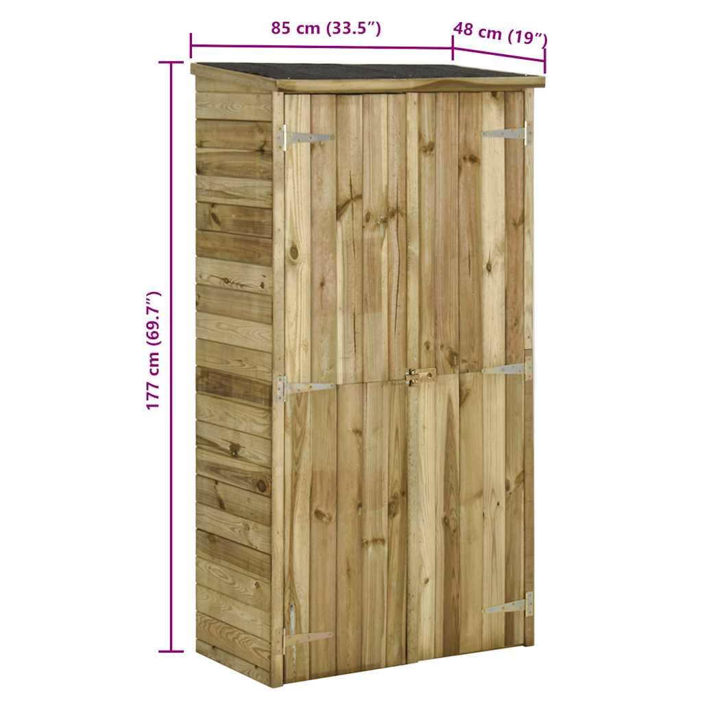 Domek na narzędzia ogrodowe z drewna sosnowego 85 x 48 x 177 cm, szopa zewnętrzna z 3 półkami i 1 dużym schowkiem na narzędzia i sprzęt ogrodniczy, wodoodporny dach