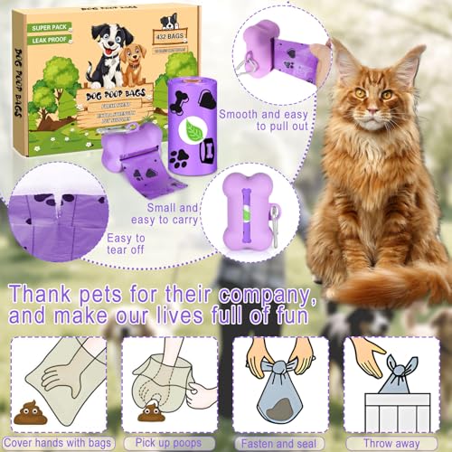 KDISHKRA Hundekotbeutel Kotbeutel für Hunde 432 Stück/24 Rollen, Auslaufsicher und Tragbar Dog Poop Bags mit Spender und Griff, Hundetüten mit Duft für Drinnen und Draußen Lila Groß (34 * 14cm)
