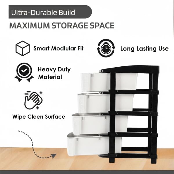 Image of KITCHIVO Plastic Modular Drawer Storage Chest Of Drawers Organizer Storage Box, Large Stomo Racks For Multipurpose Anti-slip Shoes Organizers (White & Black, 4 Layer)