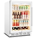 Velivi Beverage Refrigerator, 4.9 Cubic Feet Undercounter/Freestanding 24 Inch Beverage Fridge with Glass Door, LED Light, Safety Lock, Touch Control, Low Noise (White)