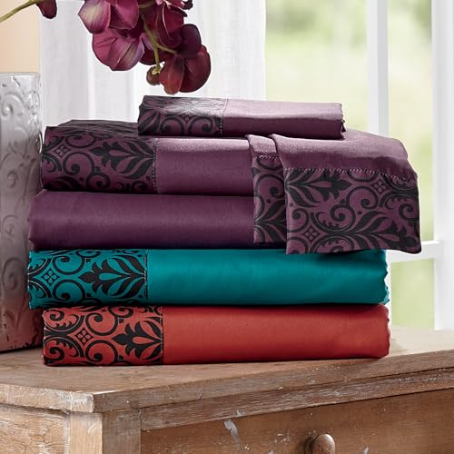 Montgomery Ward Color Connection Damask Microfiber Sheet Set - Flat Sheet, Fitted Sheet, Pillowcases, Deep Teal, Queen