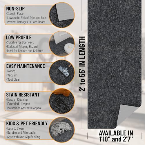 Ottomanson 1'10" x 23' Ultra-Thin Hallway Runner Rug - Durable Non-Slip Carpet for High-Traffic Areas - Fits Under Doors for Seamless Entry - Ideal for Kitchen, Entryway, Bedroom & Living Room, Black