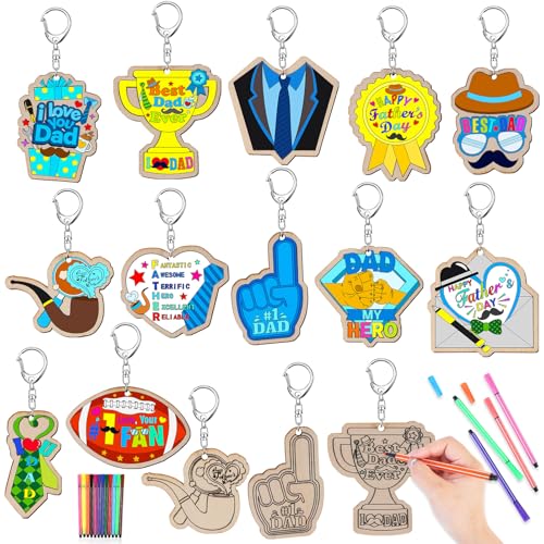 HOWAF 24pcs Happy Fathers Day Coloring Keychains with Paint Pens Color Your Own Dads Day Keyrings Fathers Day Craft Wood Colouring Key Chains for Dad Daddy Papa Gift Favors Kids Activity