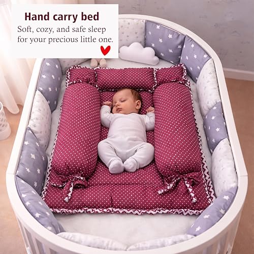 Image of Fareto Combo of Baby Bed with Net | Carry Bag | 4 Pcs Bedding Set (0-6 Months, Baby Size, Cotton) (Red Polka)