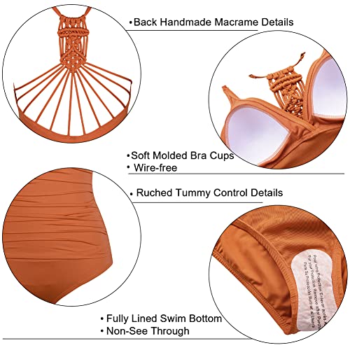 Hilor Women's Shirred Halter One Piece Swimsuits Macrame Back Swimwear Solid Bathing Suits Tangy Orange 12 #TOP4