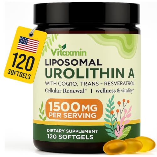 Image of vitaxmin Urolithin A Dietary Supplement 1500mg with CoQ10 and Resveratrol, Liposomal Softgels for Adults, 120 Count, 60 Day Supply