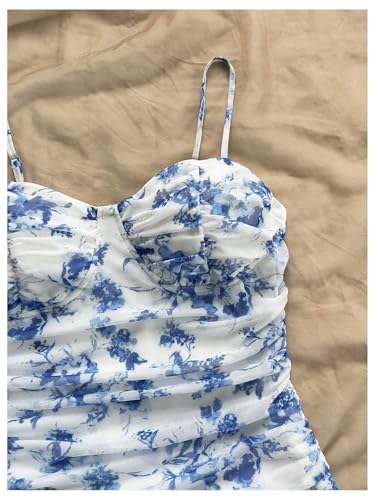 GORGLITTER Women's Floral Mesh Bodycon Mini Dress Ruched Spaghetti Strap Cami Dresses Summer Beach Going Out Dress3