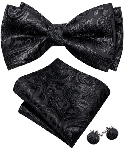 Image of Barry.Wang Paisley Striped Bow Tie for Men Silk Pre-Tied Bowtie Pocket Square Cufflinks Set Formal Wedding Party Prom