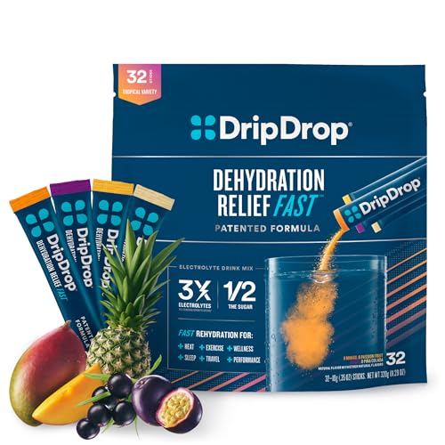 DripDrop Hydration Packets – Tropical Variety Pack – Single Serve Electrolytes Powder Drink Mix – Mango, Açaí, Passion Fruit, Piña Colada – Non-GMO, Gluten Free, Vegan – 32 Sticks