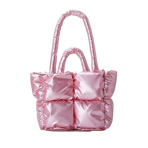 Puffer Tote Bag, Trendy Luxury Chic Quilted Large Padded Designer Handbags for Women Cotton Winter Soft Shoulder Bag - Pink