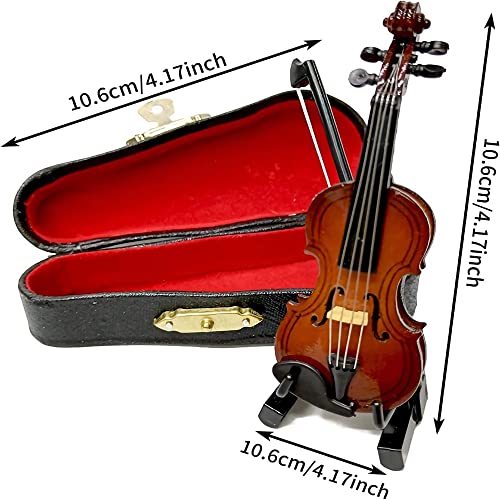 Miniature Violin, Micro Musical Instrument Photo Props, Wooden Violin with Support and Case, Handicraft Ornaments or Home Bookcase Desk Office