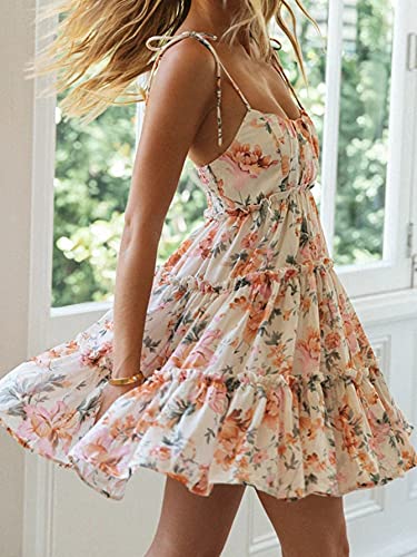 Image of kinstell Women's Boho Spaghetti Strap Ruffle Square Neck Bowknot Backless Sleeveless Elegant Flowy Mini Short Skater Dresses