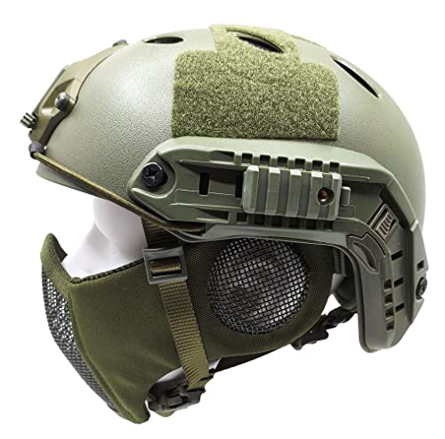 Tactical Airsoft Fast Helmet Pj Type And Metal Mesh Mask Foldable Double Straps Protect Ear Full Face Protection (Green) #TOP5