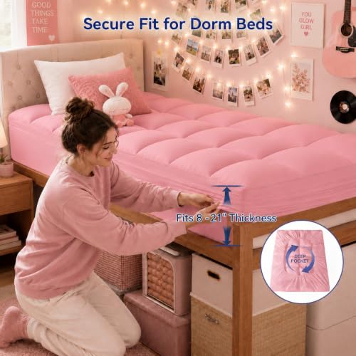 Image of ELEMUSE Twin XL Mattress Topper for Dorm, Plush Pillow Top Bed Pad | Pink college dorm essential with plush comfort, designed for Twin XL beds in dorm rooms, and back to school upgrade