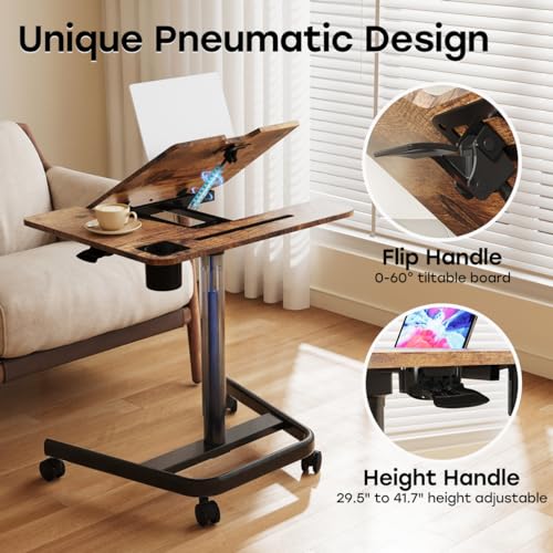 Image of JOY worker Mobile Standing Desk, Height Adjustable Table, 60 Tiltable Rolling Laptop Desk, Portable Sit Stand Desk with Wheels Cup Holder for Bed Couch Hospital, Holds Up to 22lbs, Rustic