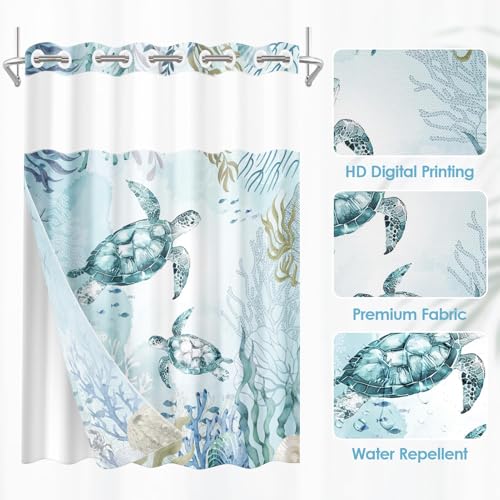 Nesphy No Hook Nautical Blue Sea Turtles Shower Curtain with Snap in Fabric Liner Set, Ocean Beach Double Layers Waterproof Fabric with See Through Top Window Open Grommet Bath Curtain 71x74 Inch by Nesphy - Used condition - Image 4