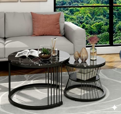 Image of Roldo Modern Nesting Coffee Table Set of 2 for Living Room, Round Coffee & Side Table with Metal Frame and Marble Finish MDF Top, Center Table for Sofa, Home Decor Office & Apartment (Black)