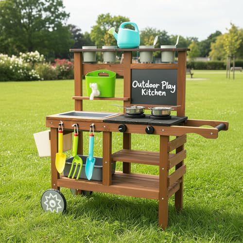 Cuisine pour enfants - Cuisine de jeu d'extérieur - Cuisine de jeu - Cuisine de jardin - Cuisine boueuse - Avec roues, bouilloire, évier, récipient pour plantes en bois