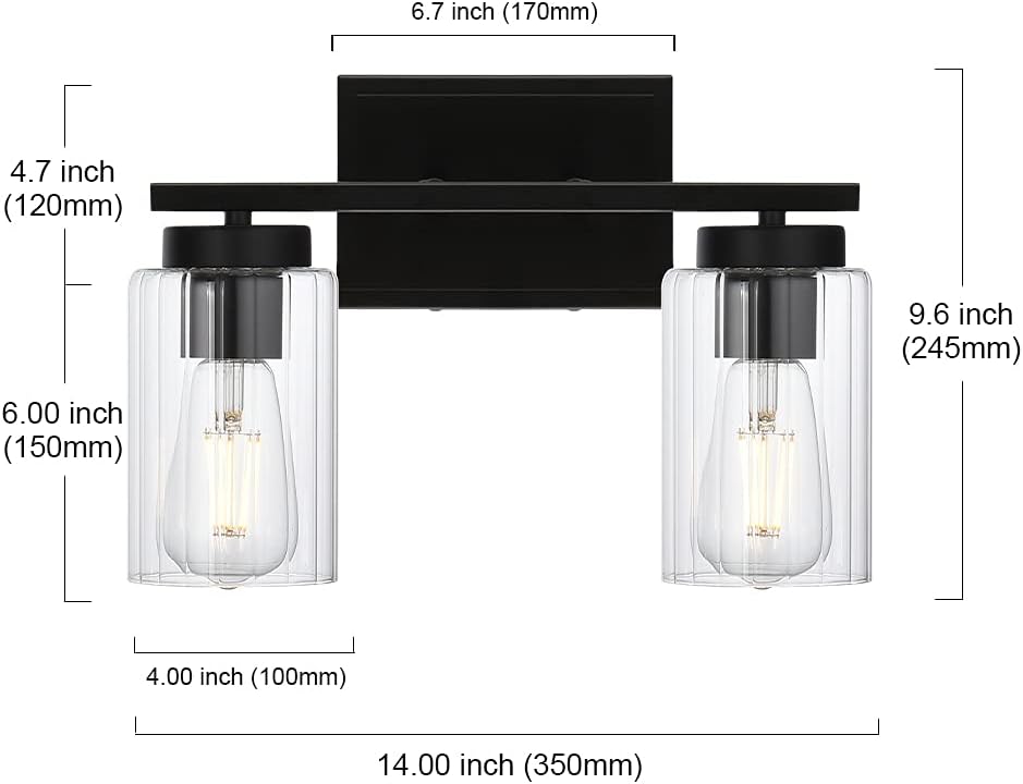 Flash Deals - 80% OFF TULUCE 2 Light Vanity Lighting Black Modern Wall Sconce Bathroom Lighting Finish with Clear Ribbed Glass Shade Bathroom Vanity Lights Wall Sconce Fixture for Bathroom,Mirror Cabinet, Living Room