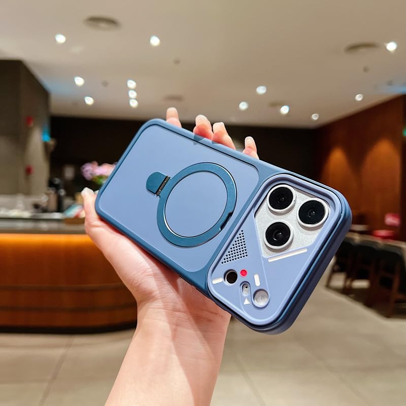 Image of LuxuryKase Magnetic Shockproof Case for iPhone 17 Pro | Foldable 110 Metal Ring Kickstand | Matte Finish | Futuristic Camera Shield Design | Slim Profile & MagSafe Compatible - Blue