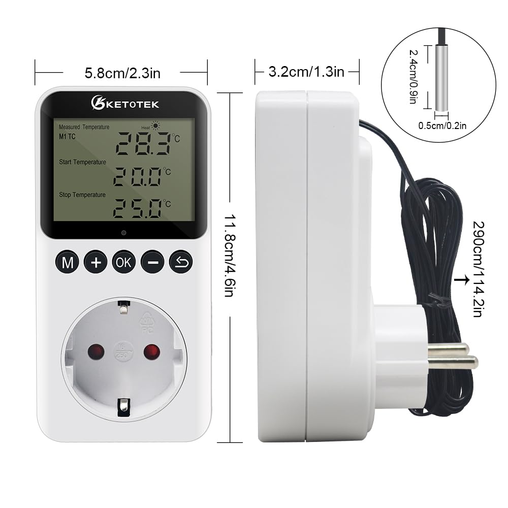KETOTEK KT3200 Tag Nacht Temperaturregler Steckdose Thermostat Digital Temperaturregler Heizung Kühlung mit Sonde für Reptilien Brauen Gewächshaus Brutmaschine