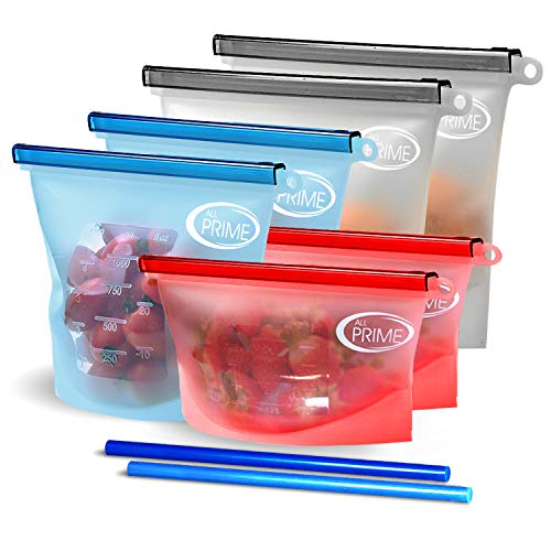All Prime 6 Pack Reusable Sandwich Bags with 2 Silicone Reusable Straws - Reusable Food Storage Bags...
