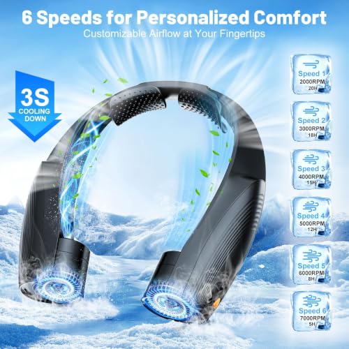 Image of AI Portable Neck Fan with 6 Powerful Speeds, 8000mAh Battery Operated USB-C Rechargeable Fan, Hands-Free 360 Cooling Neck Fan,Twistable,Ultra-Quiet Personal Fan for Women Men Office Travel(Black) | 20H Runtime, Hands-Free 360 Cooling Personal Wearable Neck Fan, Gift for Women Men Travel Concerts