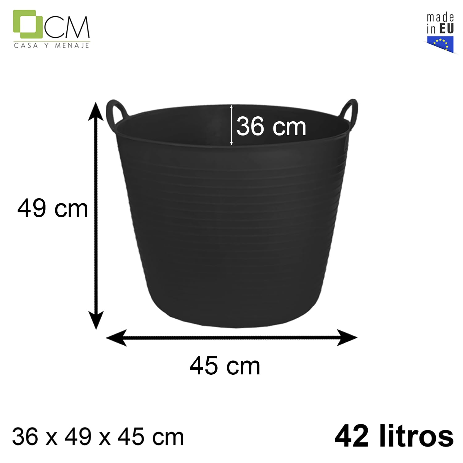 Capazo Agrícola Negro | Espuerta de Plástico Flexible | Pack 12 Unidades | Capazo 42 litros | Barreño de Polietileno o Poliestireno | Construcción Jardín Vendimia y Limpieza (Plástico 42L)