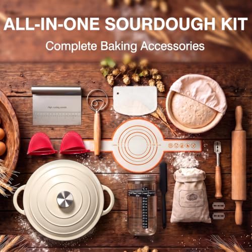 Image of Enameled Cast Iron Dutch Oven Pot with Lid 5.5QT, Sourdough Bread Baking Supplies with Banneton Bread Proofing Basket Set & Starter Jar, Unique Dutch Oven for Bread Baking (Cream White)