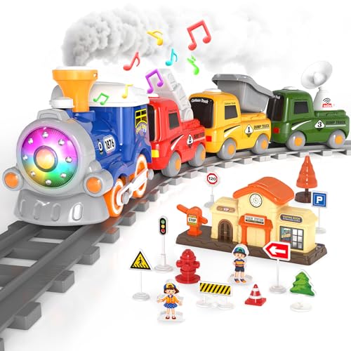 Train Set for Toddlers, Electric Magnetic Train Sets w/Steam, Music, Lights for Kids Track Playset...