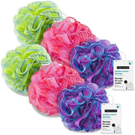 Freeman Jumbo Loofah Body Sponges, Exfoliating and Deep Cleansing Sponges for Bath and Shower for Men & Women, Multicolored, Pack of 6