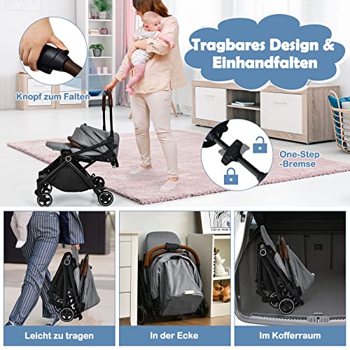 GOPLUS Klappbarer Kinderwagen, Hohe Aussicht Buggy mit 360°Drehbarem Sitz, Verstellbare Rückenlehne, 5-Punkt-Gurt, Stoßdämpfende Räder, Aluminium-Rohrrahmen, Sportwagen für 0-3 Jahre (Grau)