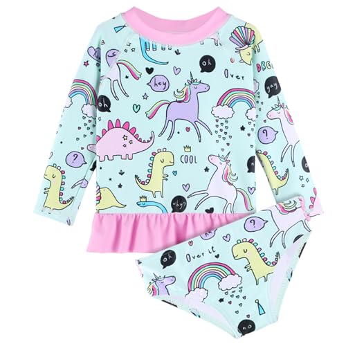 Image of XFGIRLS Girls 2-Piece Swimsuit Long Sleeve Rash Guard Set Toddler 6M-8Y | UPF 50+ blocks 98% UV, Quick-dry, Easy on /off, Bright colors stand out, Machine wash, Breathable, Beach, swim, water park